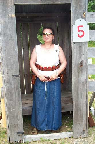 Ellie Mae in the privy at the 2005 Flat Gap Jack Cowboy Shootout.