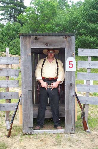 Jake Mountain in the privy at the 2005 Flat Gap Jack Cowboy Shootout.