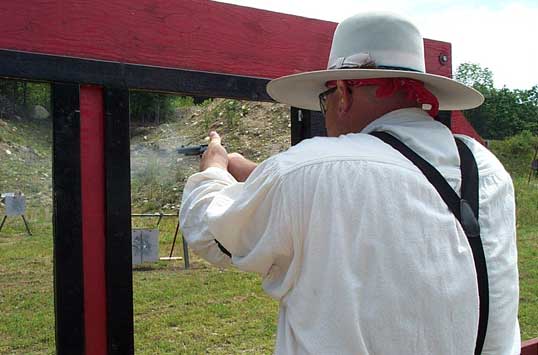 Blazing with the pistol at 2003 NH State SASS Championships.