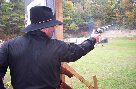Cocking the revolver at the October 2003 Outlaws Revenge at Falmouth, ME.