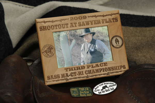 Laser engraved wood picture frame from the 2009 SASS MA/CT/RI State Championships. Photo by One Eyed Black Jack.