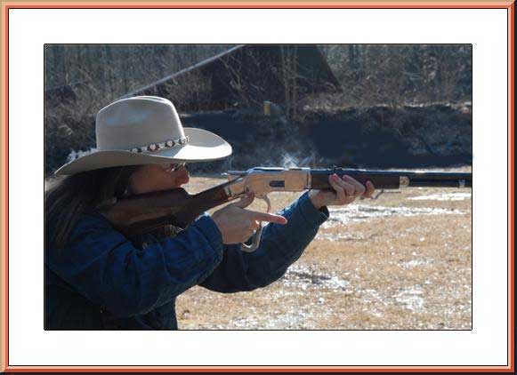 Appaloosa Amy trying out her Cowboy Gunworks 1873 Winchester.