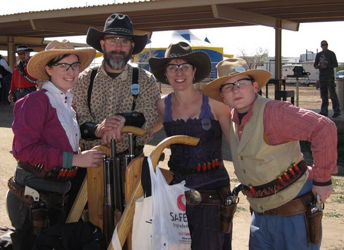 The Quaker HIll Gang at Winter Range in Phoenix in February 2011.  L to R:  Snazzy McGee - SASS Junior Girl National Champion, Quaker Hill Bill - 7th in Wrangler, Appaloosa Amy - 2nd in Ladies Wrangler, Al B Crazy - 8th in Buckaroo.