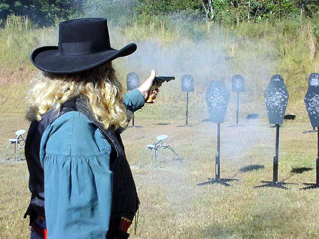 Shooting pistol at the 2005 SASS North East Regional in Thurmont, MD.