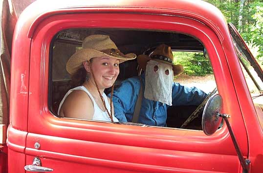 Owlhoot behind the wheel with Binky the Kid leaving 2005 Fracas at Pemi Gulch.