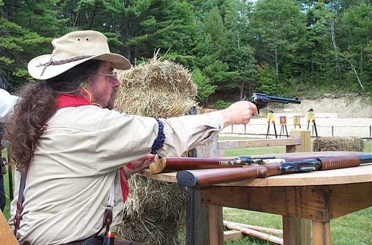 Shooting pistol at 2003 SASS Maine State Championships.