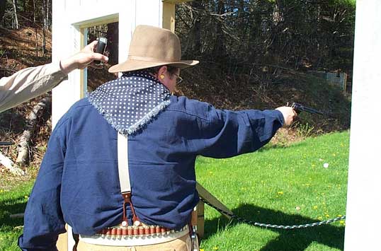 Shootist Bill blazing away with his pistol in Falmouth, ME.