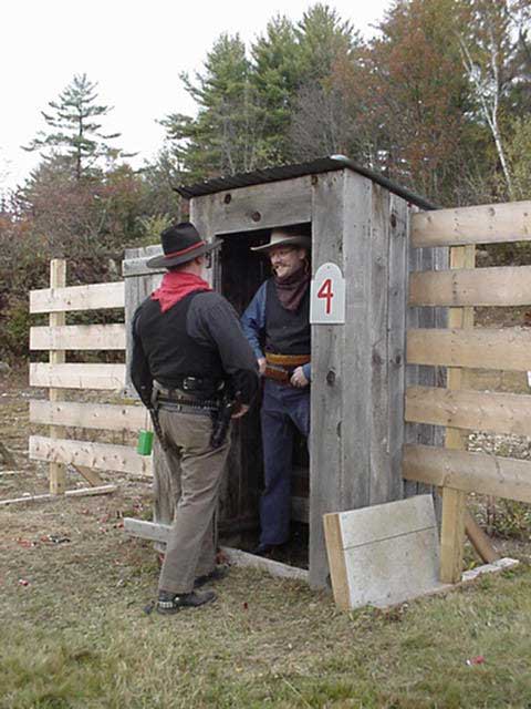 Angus T-Bone Galloway enjoying a chat in outhouse with LaBouche.