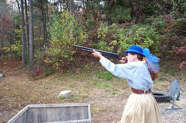 Shooting a clay bird on Stage 1, the 14 shot shotgun run.