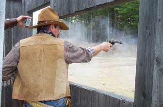 Defending Pemi Gulch with his pistol.