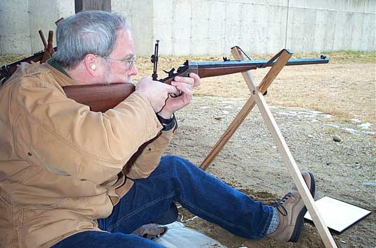 Driftwood Johnson trying out a Remington Rolling Block in .45-70.