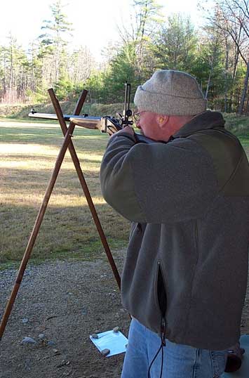 Dave Ciripampa shooting offhand using cross-sticks due to a shoulder operation. He won the Single Shot Sporting Rifle - Black Powder class on Nov. 6, 2004.